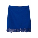 Blue Plain PU Inserted Hem Pencil Mini Skirt