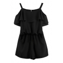 Black Off-the-Shoulder Strap Ruffle Layer Chiffon Rompers