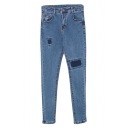 Light Blue Cloth Patch Zipper Fly Pockets Detail Pencil Jeans
