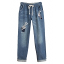 Denim Blue Rabbits Cat Embroidered Elastic Waist Fitted Jeans