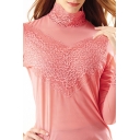 Sweet Pink Lace Crochet Mesh High Neck Long Sleeve Top