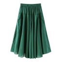 Green Double Pockets A-line Midi Skirt