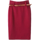 Red Basic Knitting Pencil Skirt with Belt