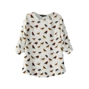 White 3/4 Sleeve All Over Birds Casual Blouse