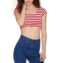 Red Striped Skinny Short Sleeve Cropped Tee