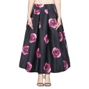 Beautiful Rose Print Pleated Midi Skirt with Elastic Waist