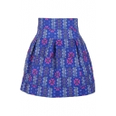 Blue Ethnic Style High Waist Pleated Mini Skirt