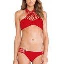 Strappy Red Plain Cutout Bikini Bottom Bikini Set