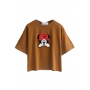 Brown Short Sleeve Cartoon Animal  Applique Crop T-Shirt