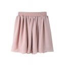 Pink Elastic Waist Pleated Chiffon Skirt