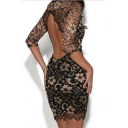 Backless Sexy Lace 3/4 Sleeve Illusion Bodycon Dress