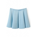 Blue Plain Zippered Ruffle Hem Pleated Skirt