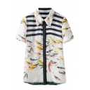 Short Sleeve Stripe&Birds Print Chiffon Shirt