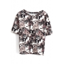 Cat and Bunny Print Round Neck Short  Sleeve Crop Tee