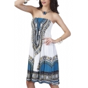 Blue Strapless Elastic Chest Geo-Tribal Print Dress