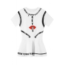 White Letter and Red Mouth Print Short Sleeve Pleated Dress