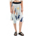 Splash-Ink Pleated Chiffon Asymmetric Hem Midi Skirt