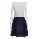 White Lace Top&Dark Blue Skirt Long Sleeve Dress