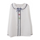 Tri Color Embroidery Front Fly Babydoll Lapel White Shirt