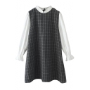 Preppy Style Checker Pattern Gray Wool Stand Collar Dress