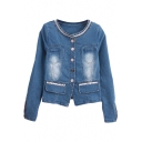 Blue Denim Necklace Round Neck Long Sleeve Fitted Jacket