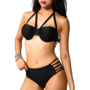 Black Plain Halter Bow Detail Low Waist Bikini Set
