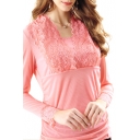 Pure Pink Lace Crochet Hem Mesh Long Sleeve Top