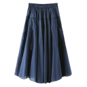 Elastic Waist  Double Pockets A-line Midi Skirt