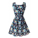Black Sleeveless Blue&Yellow Flora Print Dress