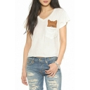White V-Neck Short Sleeve Pocket Dog Print T-Shirt