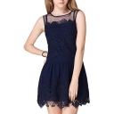 Blue Round Neck Lace Sleeveless Mini Dress