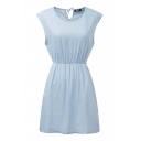 Blue Round Neck Short Sleeve Denim Dress