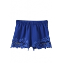 Blue Elastic Waist Lace Hem Shorts