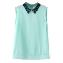 Green Lace Lapel Sleeveless Button Back Blouse