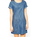 Blue Short Sleeve Double Pocket Shift Dress