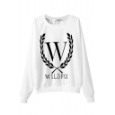 White Letter and Olive Branch Print Long Sleeve Sweatshirt