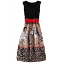 Cartoon Character&Leopard Print Color Block Style A-line Dress