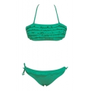 Green Plain Ruffle Detail Halter Low Rise Bikini Set