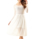 White Round Neck Long Sleeve Lace Inserted Mesh Dress