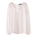 White Long Puff Sleeve Lace Inset Blouse