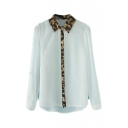 Leopard Collar and Placket Long Sleeve Chiffon Shirt