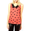 Red Sleeveless Leaf Print Buttons Back Chiffon Blouse