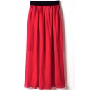 Red Elastic Waist Chiffon Maxi Skirt