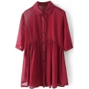 Red 1/2 Sleeve Pleated Hem Chiffon Slim Shirt
