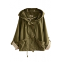 Copper Button Fly Hooded Plain Crop Coat