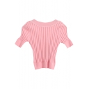 Ribbed Knitting Plain Candy Color Crop Short Sleeve Sweater