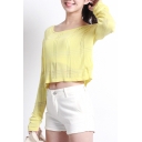 Yellow Plain Long Sleeve Plaid Crop Sweater