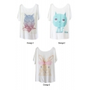 Owl&Cat&Rabbit Print White Tee