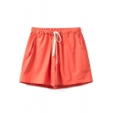 Orange Mid Waist Drawstring Loose Shorts