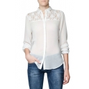 White Lace Inset Shoulder&Back Stand Collar Chiffon Shirt